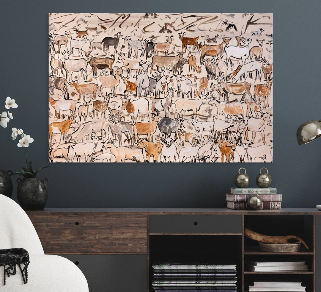 Framed Goat Herd Wall Art in minimal brush strokes on a beige backdrop, ideal for farmhouse or cabin decor.