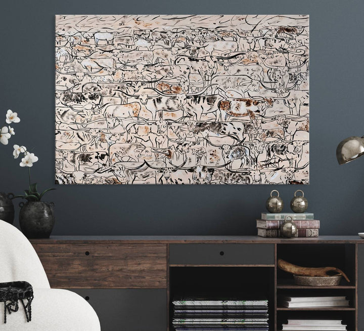 The dining room features a rustic decor highlighted by the Cattle Herd Wall Art.