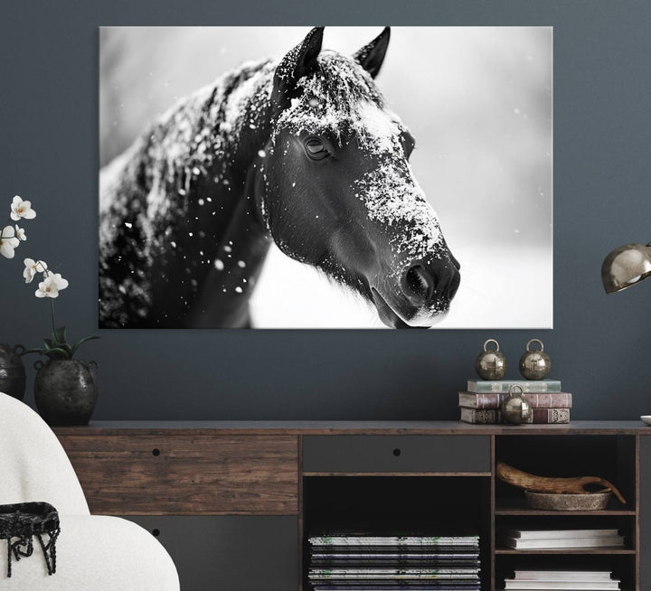 The Horse Canvas Print - Winter Horse Snow Wall Art captures winters essence beautifully.