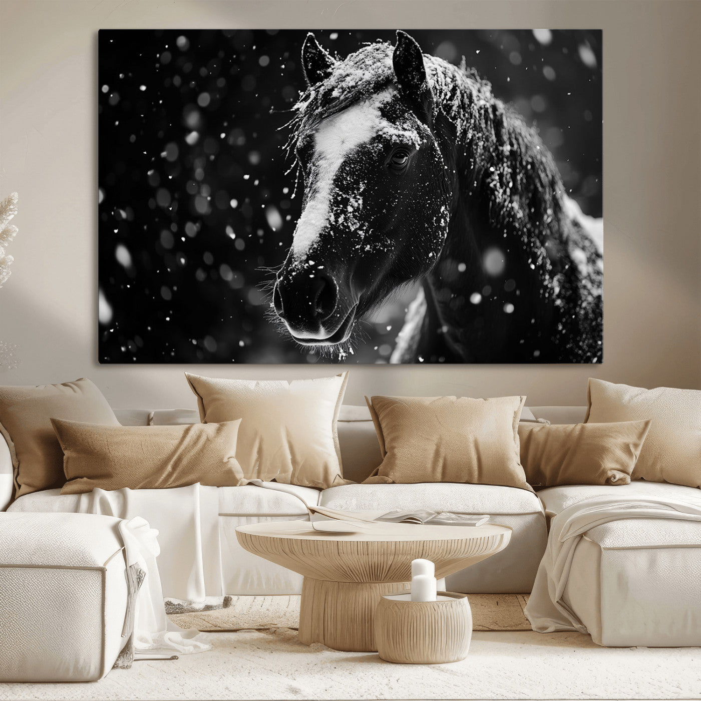 MGV-CV-36X24 - Winter Horse Wall Art | Black and White Horse Print | Ready to Hang and Framed | Farmhouse Wall Art