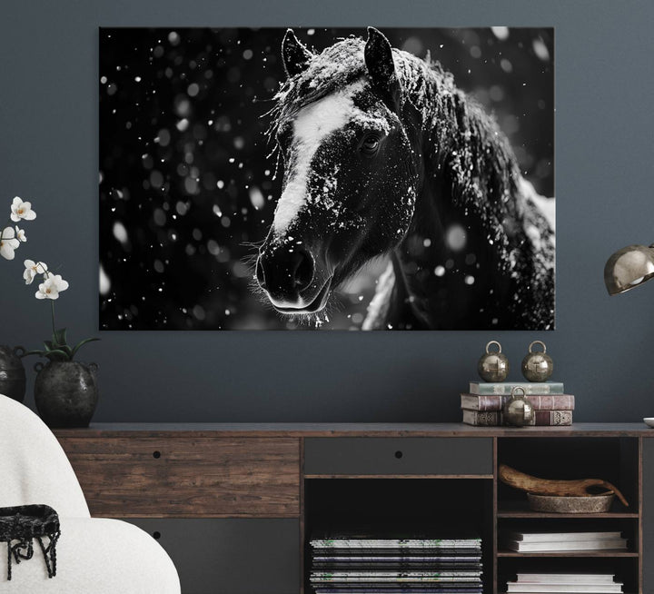 The Winter Horse Wall Art showcases a gentle horse print with snowflakes, ideal for rustic farmhouse or cabin decor.