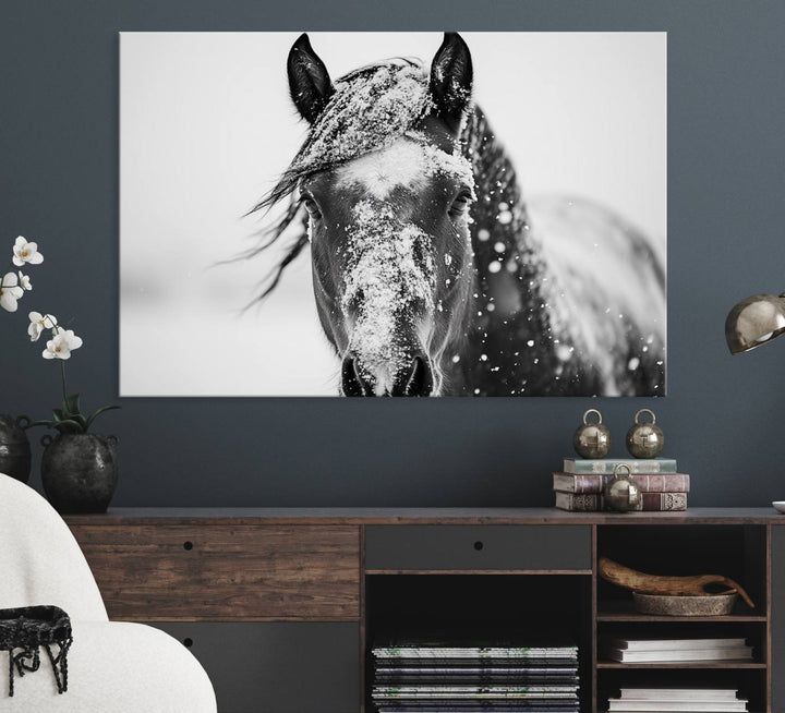 This black and white winter horse wall art enhances any decor; it is ready to hang and framed for a farmhouse or Western style.