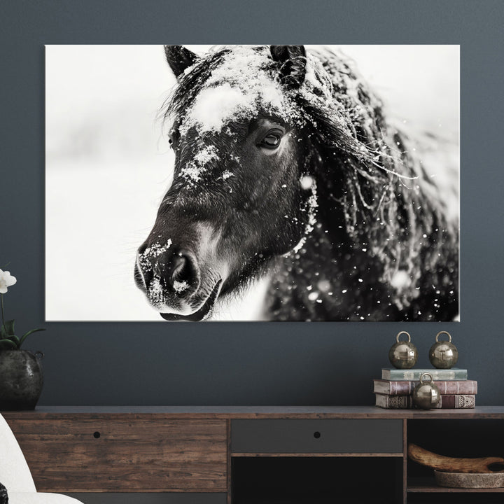 The wall art is a Black and White Horse piece, framed and ready to hang.