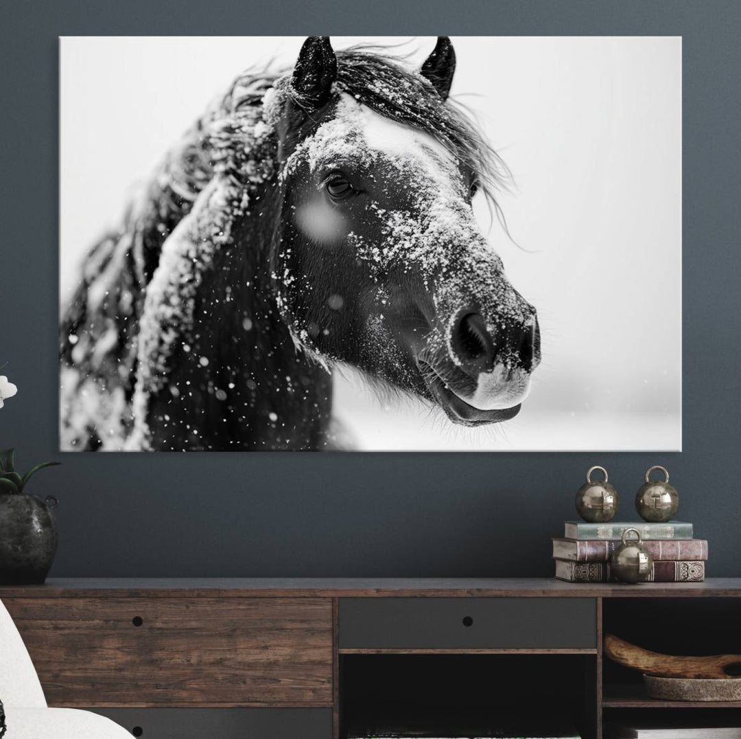 A large 3-panel rustic farmhouse wall art showcases a black and white winter horse canvas print against a snowy backdrop.