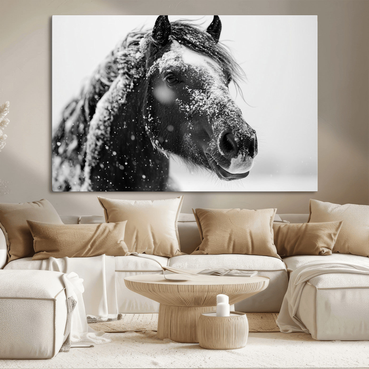 MGV-CV-36X24 - Winter Horse Canvas Print | Large 3-Panel Black White Equine Photography for Rustic Farmhouse Wall