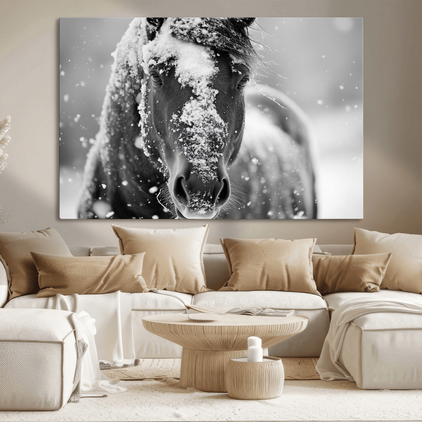MGV-CV-36X24 - Black and White Horse Winter Wall Art | Ready to Hang and Framed | Farmhouse Wall Decor | Western