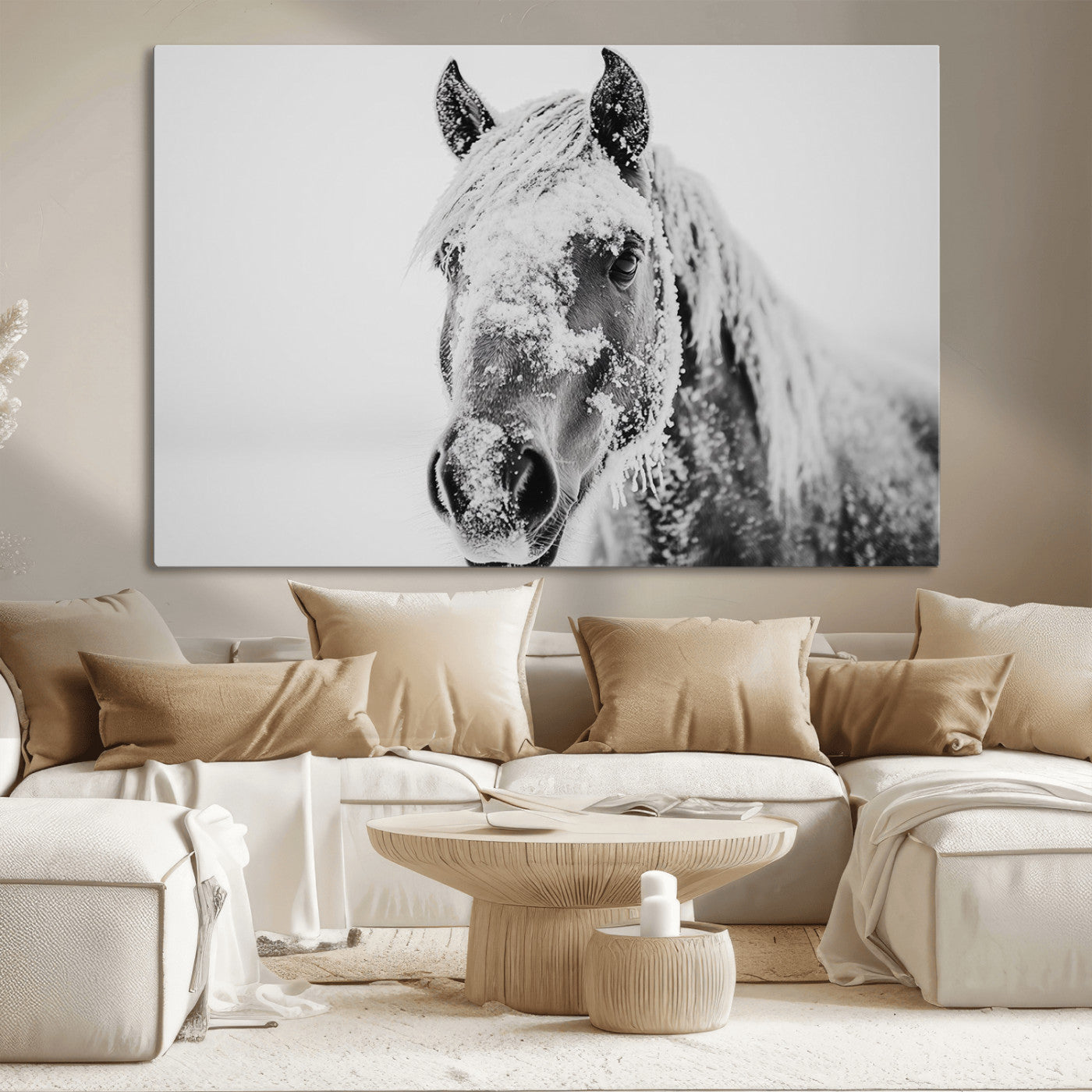 MGV-CV-36X24 - White Horse Wall Art | Ready to Hang and Framed | Winter Horse Wall Art Print for Farmhouse and