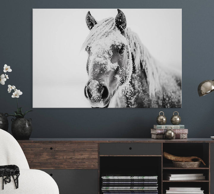 White Horse Wall Art: A black and white photo of a snow-covered horse, framed and ready to hang for farmhouse decor.