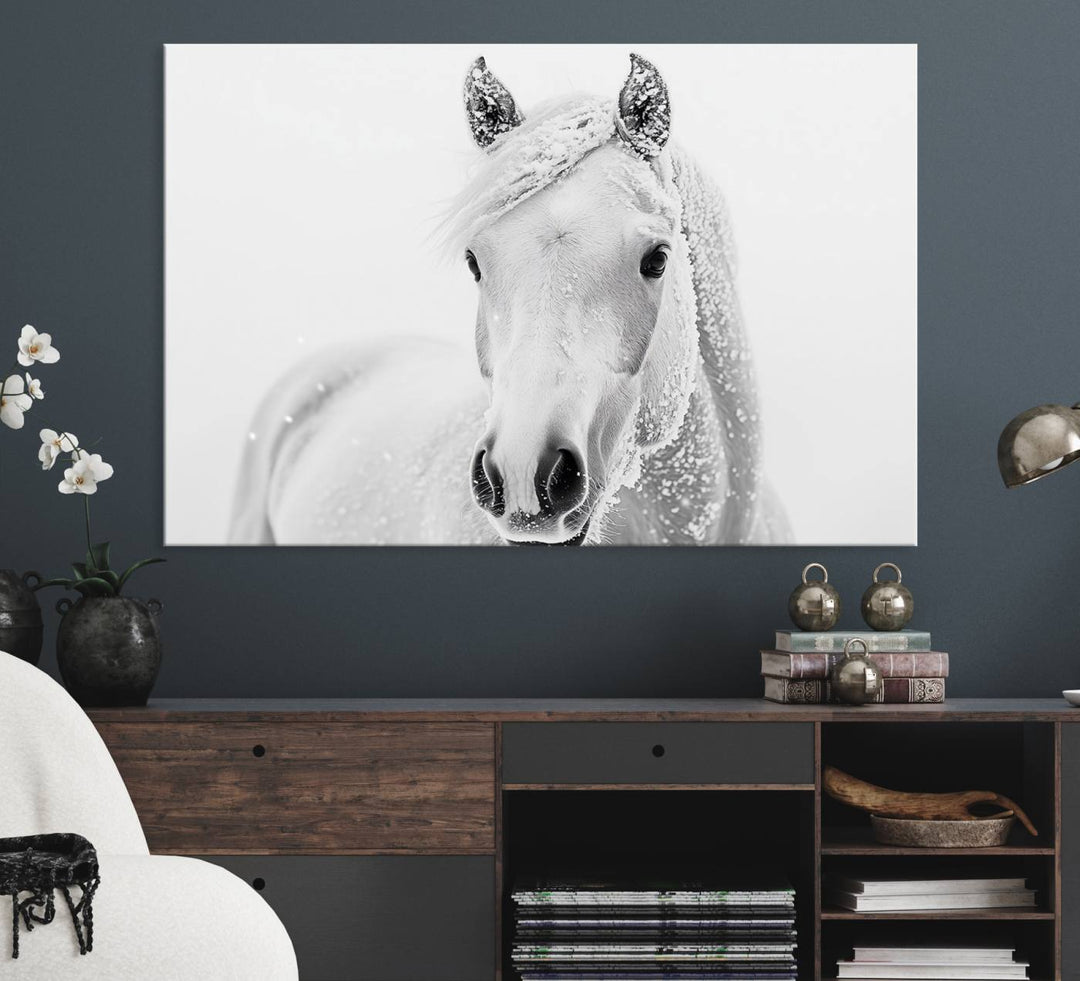 The dining room features the Majestic White Horse Wall Art, adding to its rustic charm.