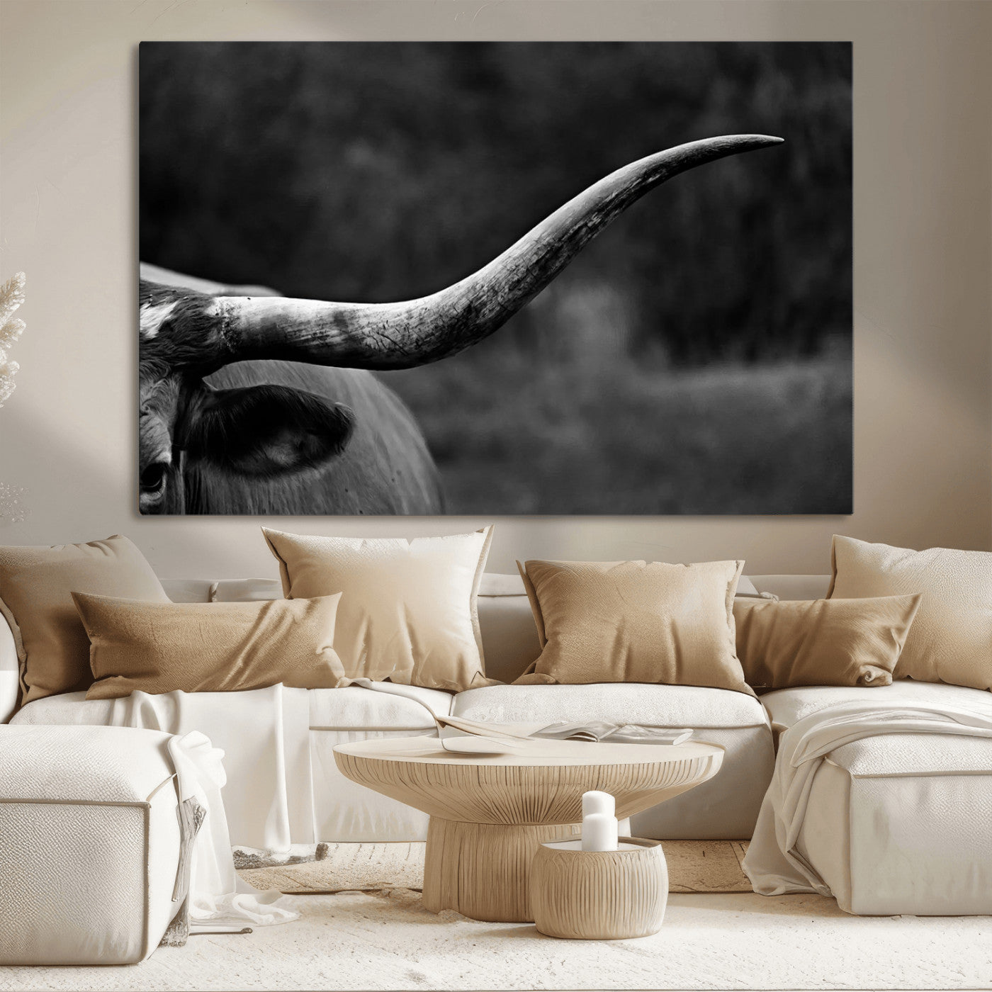 MGV-CV-36X24 - Cow Longhorn Wall Art | Black and White Print | Ready to Hang and Framed | Farmhouse Wall Decor |
