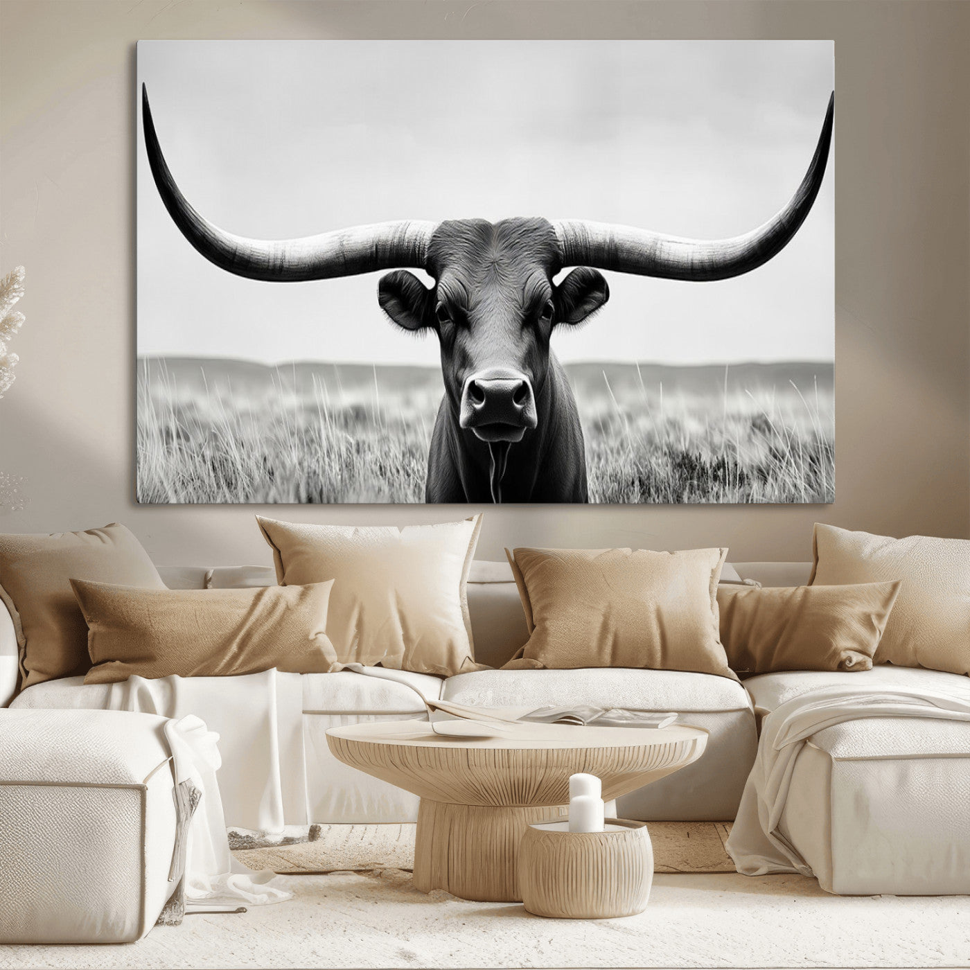 -Longhorn Bull Canvas Print | Rustic Farmhouse Wall Art | Western Decor | Ready to Hang and Framed