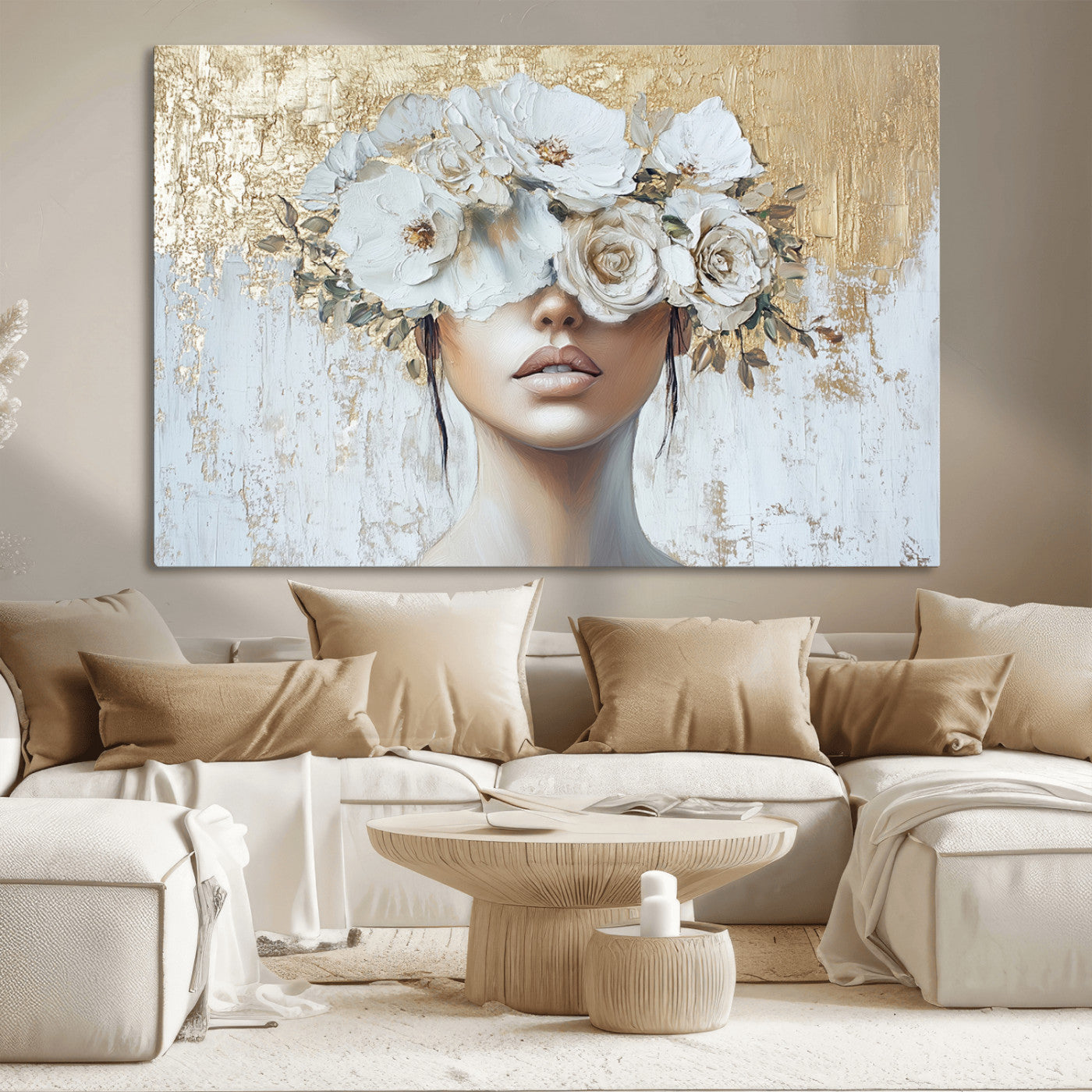 MGV-CV-36X24 - Golden Petal Wall Art - Canvas Print Flower Head Woman Painting Floral Woman Portrait Wall Decor,