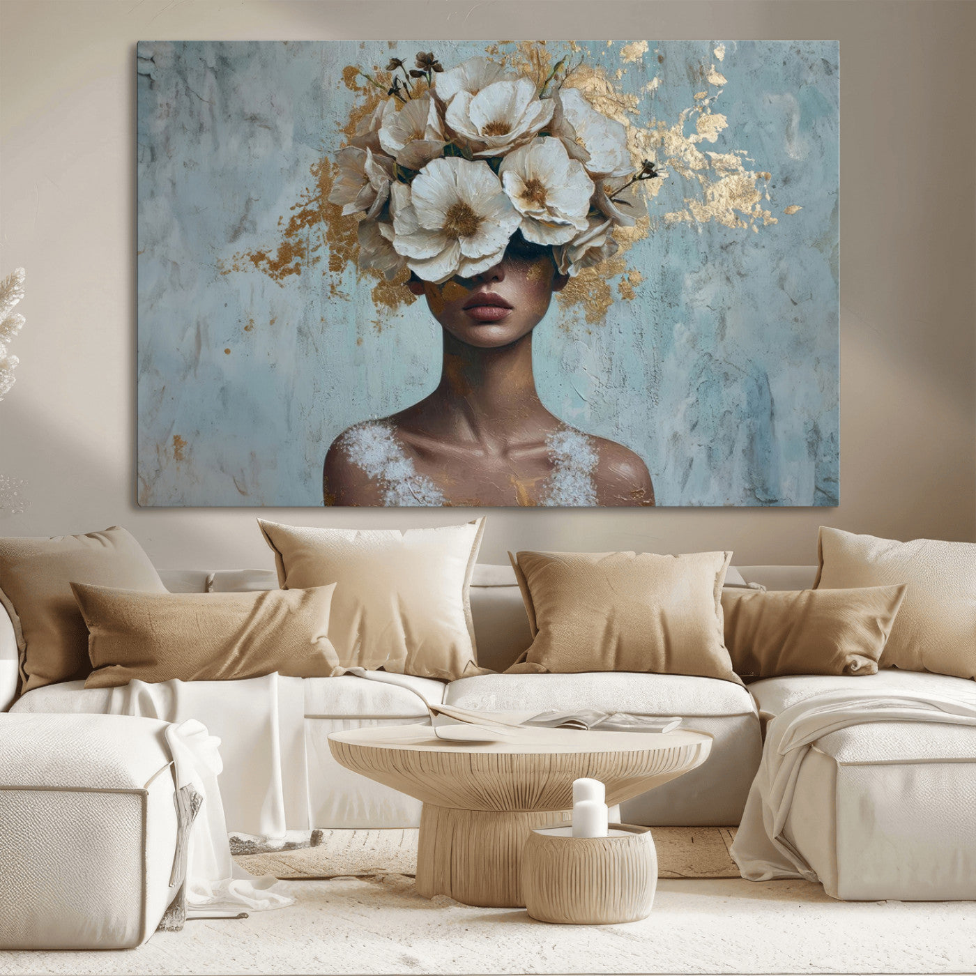 MGV-CV-36X24 - Golden Petal Wall Art - Petal Silhouette Woman Wall Art Canvas Print | Large 3-Panel Canvas with