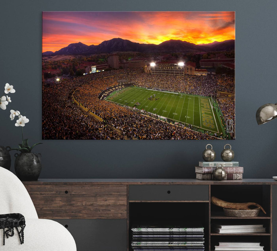 A vibrant mountain sunset at Folsom Field, home of the University of Colorado Football team, is captured in this stunning wall art canvas print.