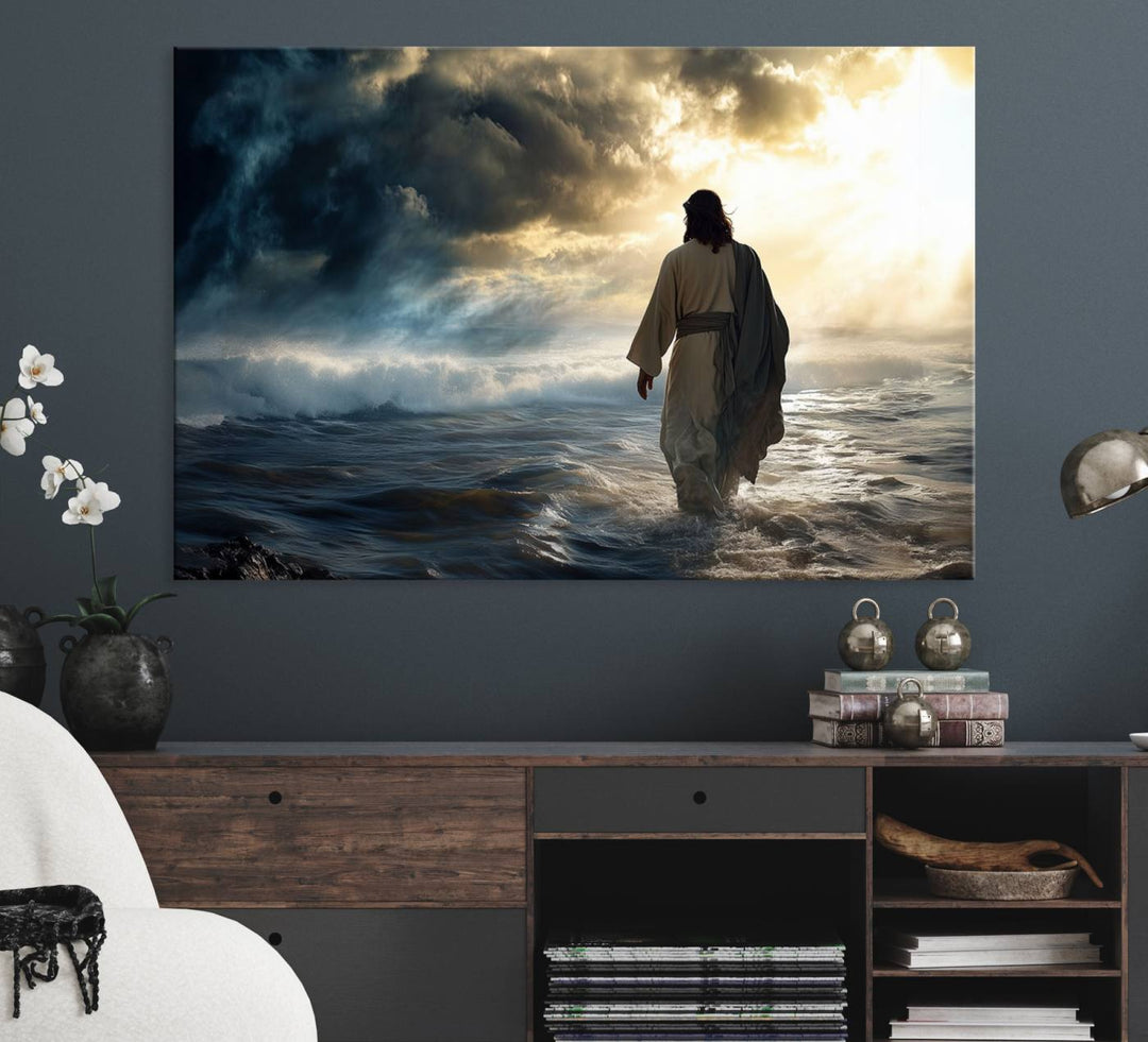 A dramatic sky serves as the backdrop for the Jesus Walking on Water wall art, a perfect piece for Christian home decor.