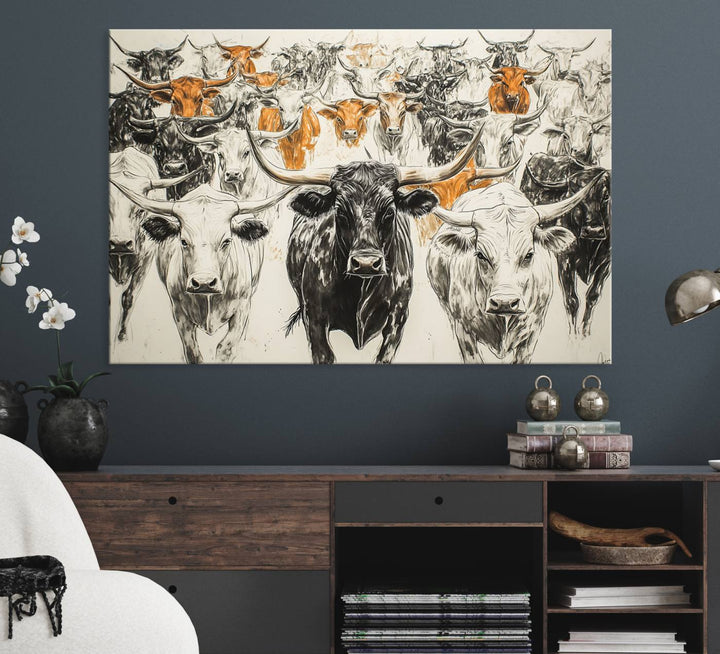 Texas Longhorn Wall Art canvas features cattle artwork with an abstract design, perfect for farmhouse decor on a porch.