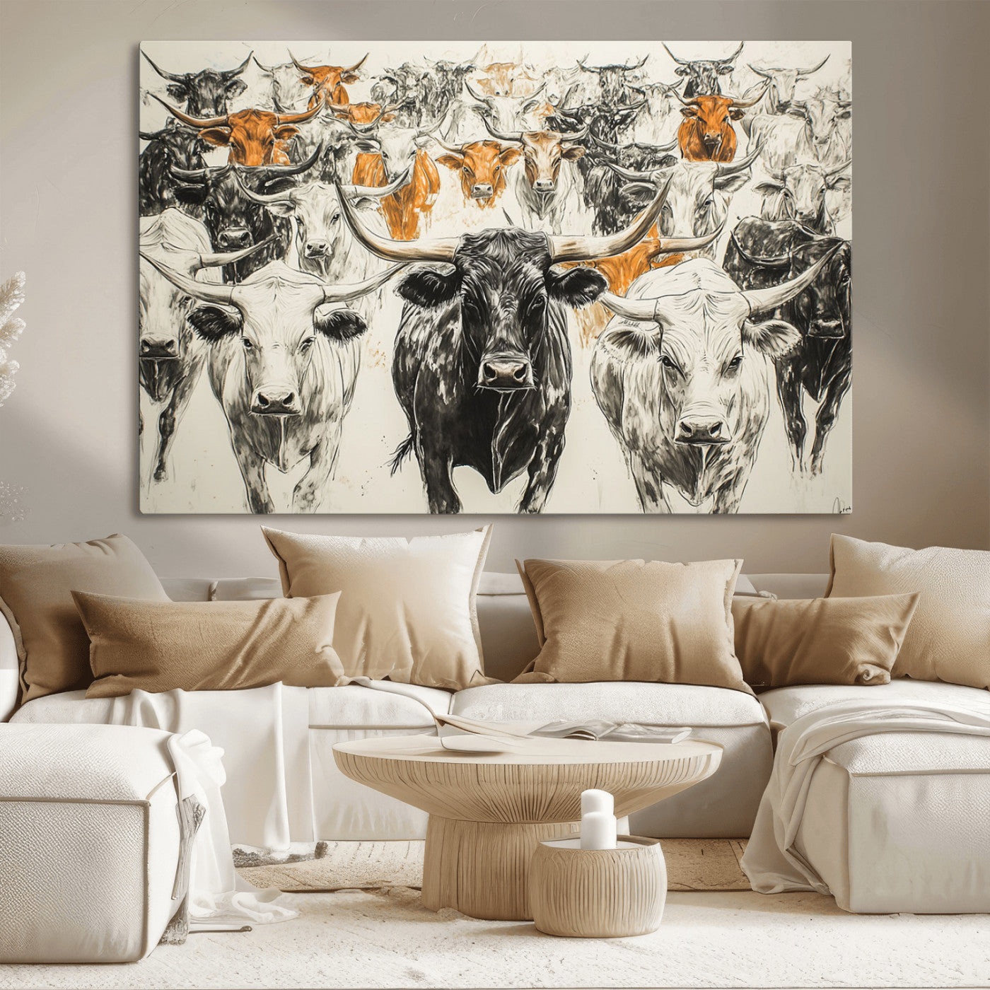 MGV-CV-36X24 - Texas Longhorn Wall Art - Herd Canvas Wall Art Print - Abstract Cow Drawing Wall Art Print for