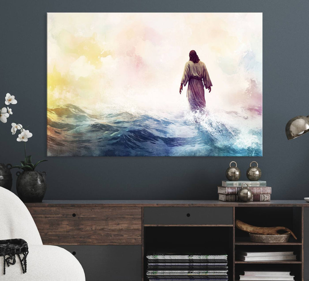 A robed figure strides on water in gentle waves, evoking the Watercolor Jesus Walking on Water canvas art.