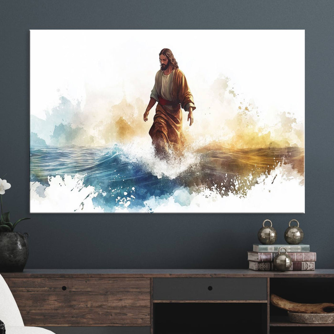 This watercolor canvas print depicts Jesus walking, characterized by abstract splashes against a serene background. It serves as a beautiful piece of Christian wall art.