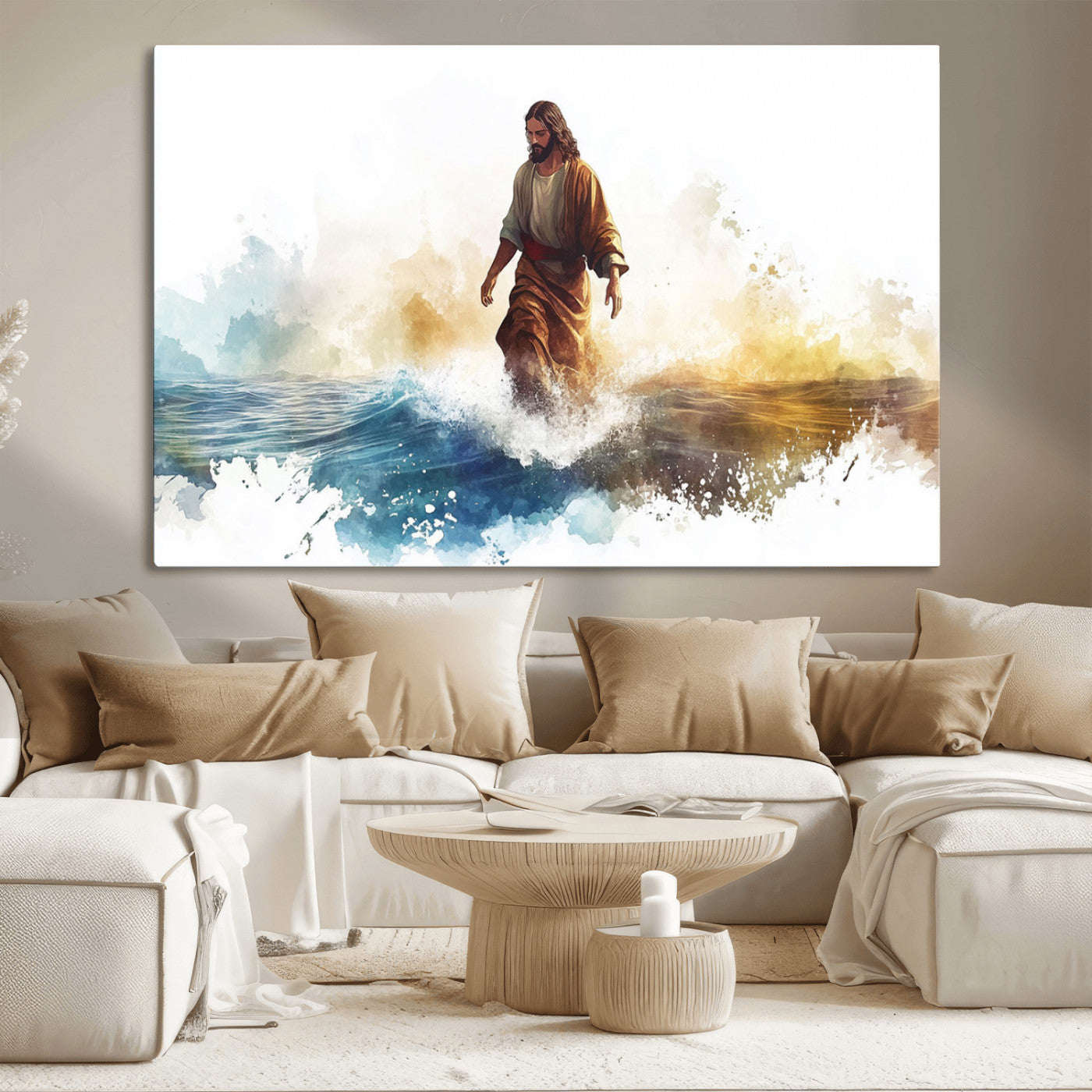 MGV-CV-36X24 - Watercolor Jesus Walking Wall Art Print, Jesus Water Canvas Print, Christian Wall Art, Jesus Christ