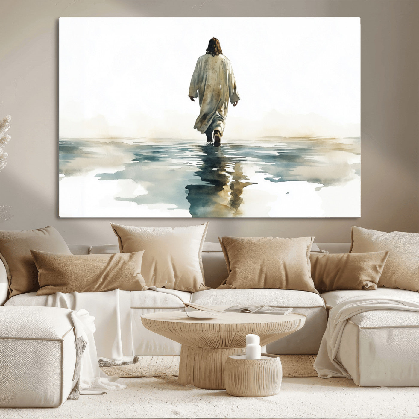 MGV-CV-36X24 - Watercolor Jesus Walking on Water Canvas Print, Christian Wall Art, Jesus Christ Walking