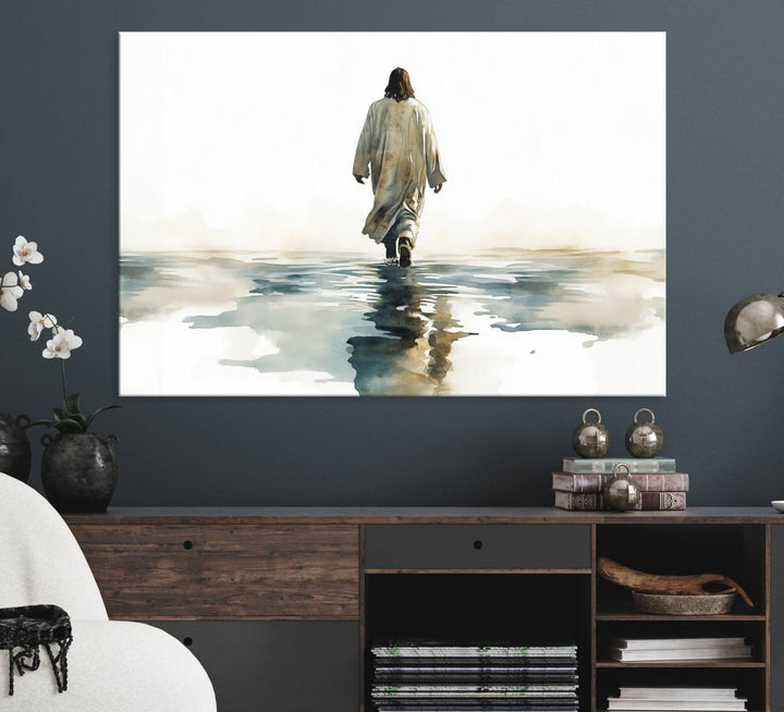 A Watercolor Jesus Walking on Water Christian wall art.