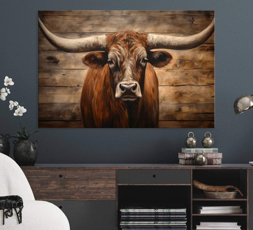 Longhorn Bull Canvas Print: Rustic Farmhouse Decor, Ready to Hang Western Barn Art.