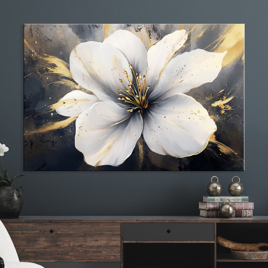 White Flower Wall Art | Canvas Print | Ready to Hang | Abstract Floral Wall Decor | Elegant Bloom Artwork | Framed for Living Room or Bedroom