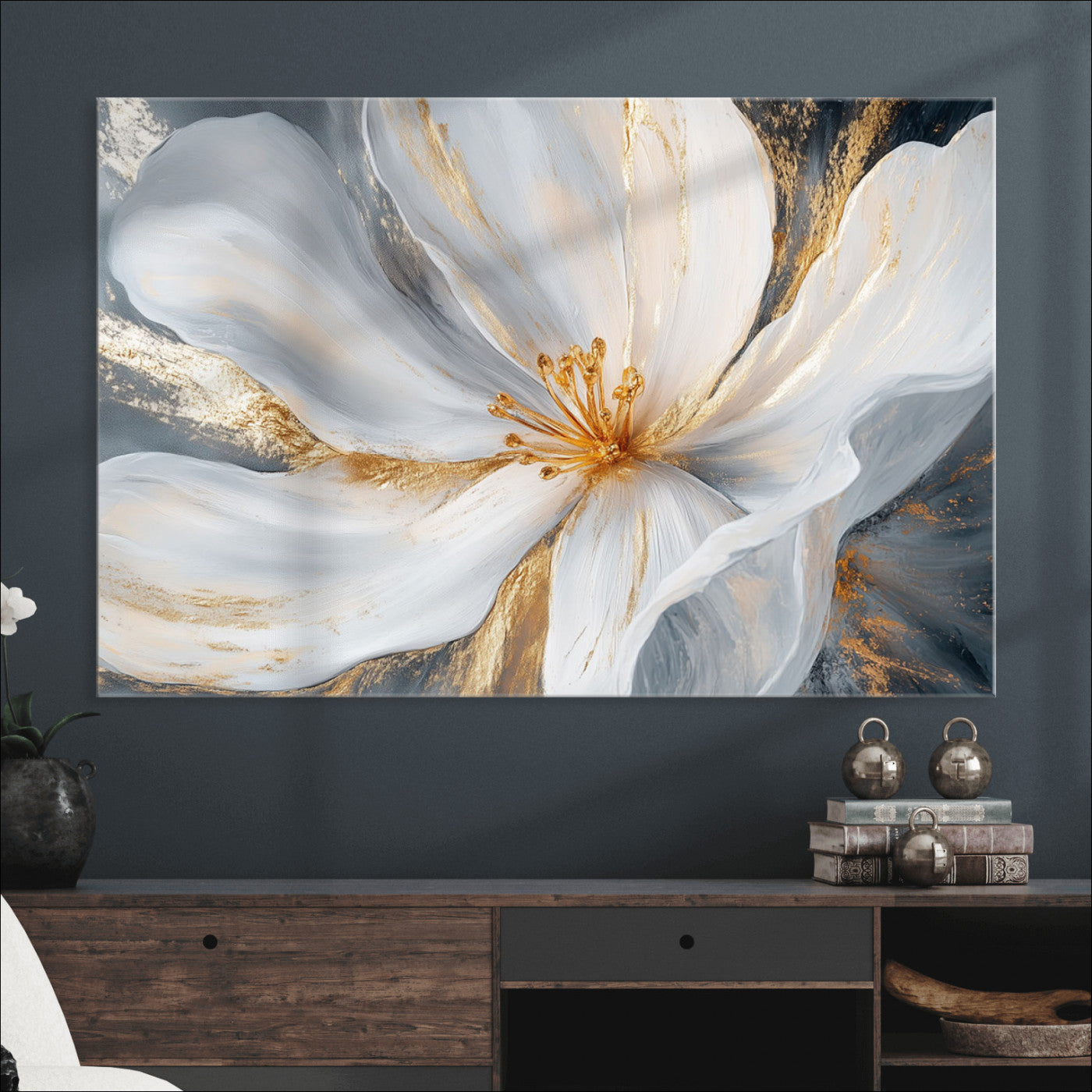83149-MGV-CV-36X24-White and Gold Floral Canvas Wall Art - Framed and Ready to Hang - Perfect for Modern Living Rooms