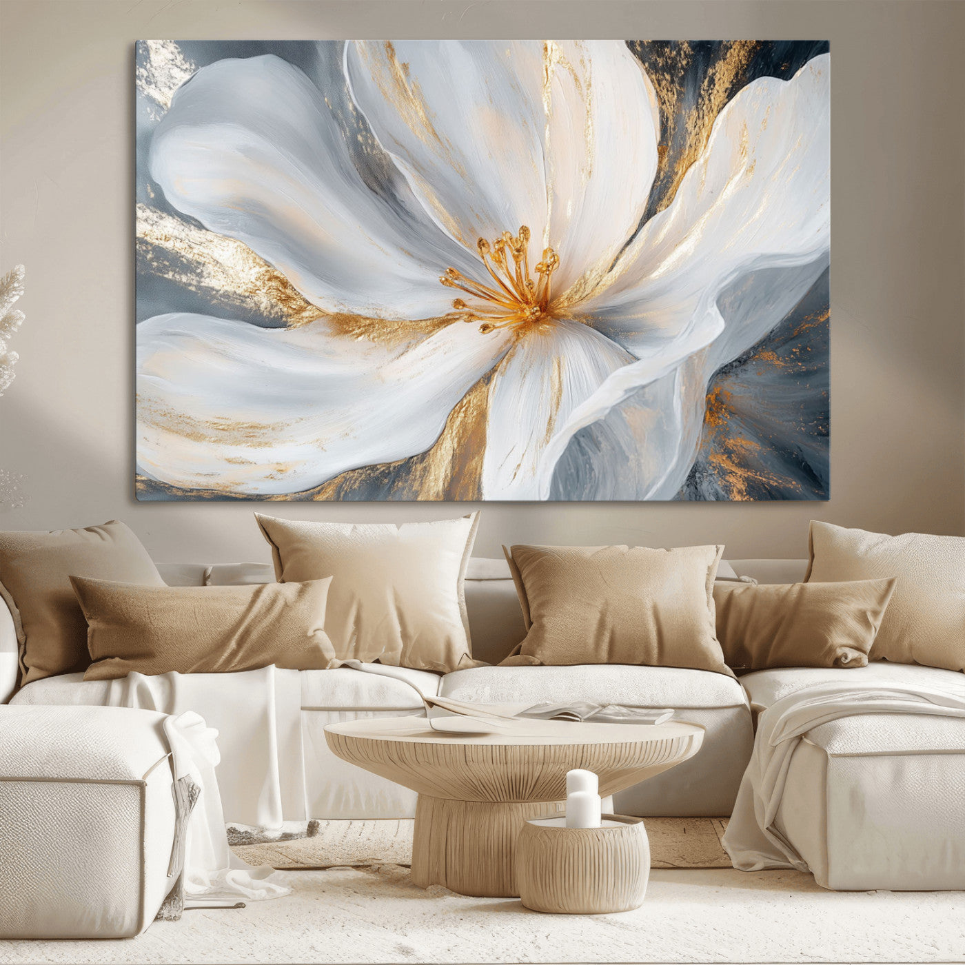 MGV-CV-36X24 - White and Gold Floral Canvas Wall Art - Framed and Ready to Hang - Perfect for Modern Living Rooms