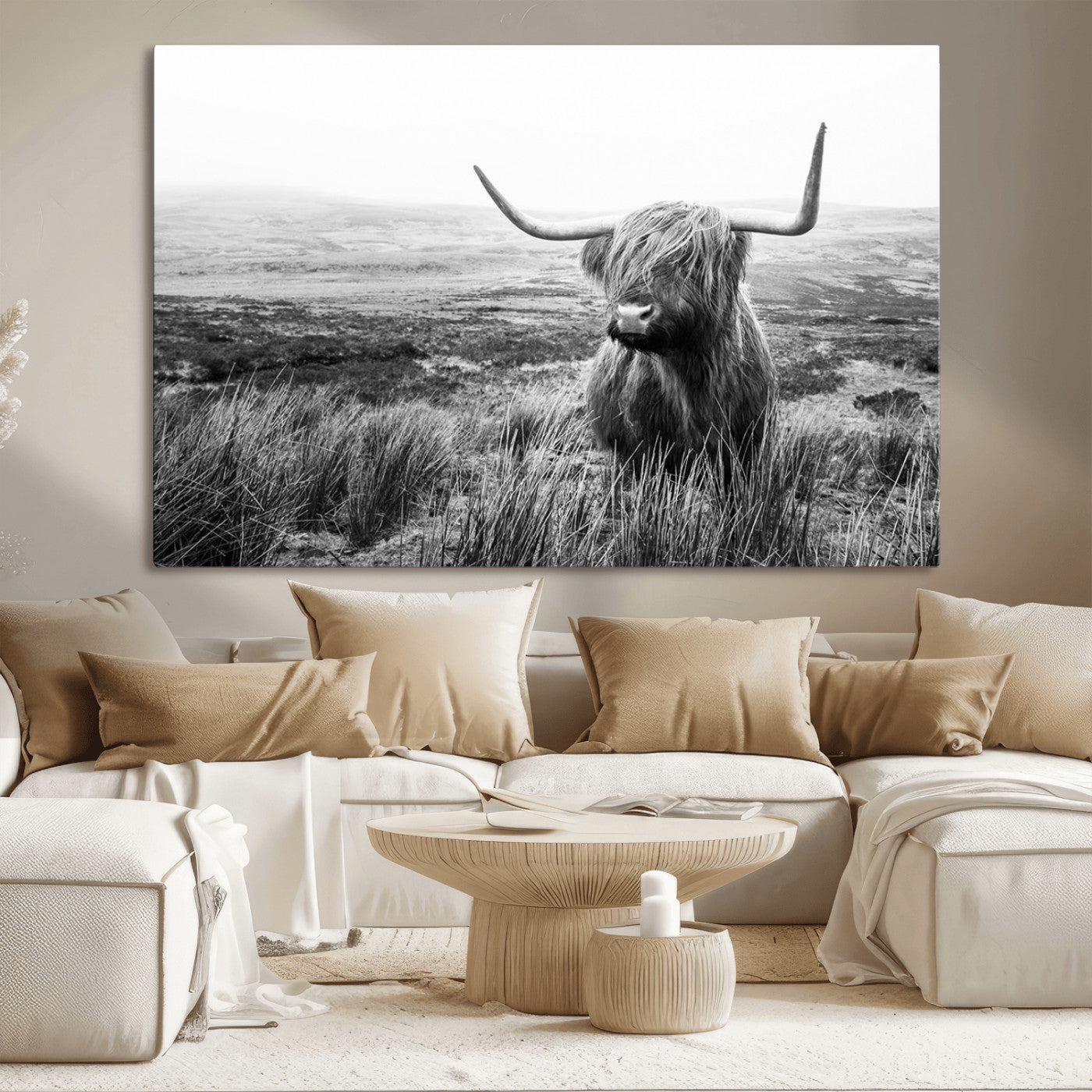 MGV-CV-36X24 - Scottish Highland Cow Wall Art | Black and White Canvas Print | Ready to Hang and Framed | Rustic