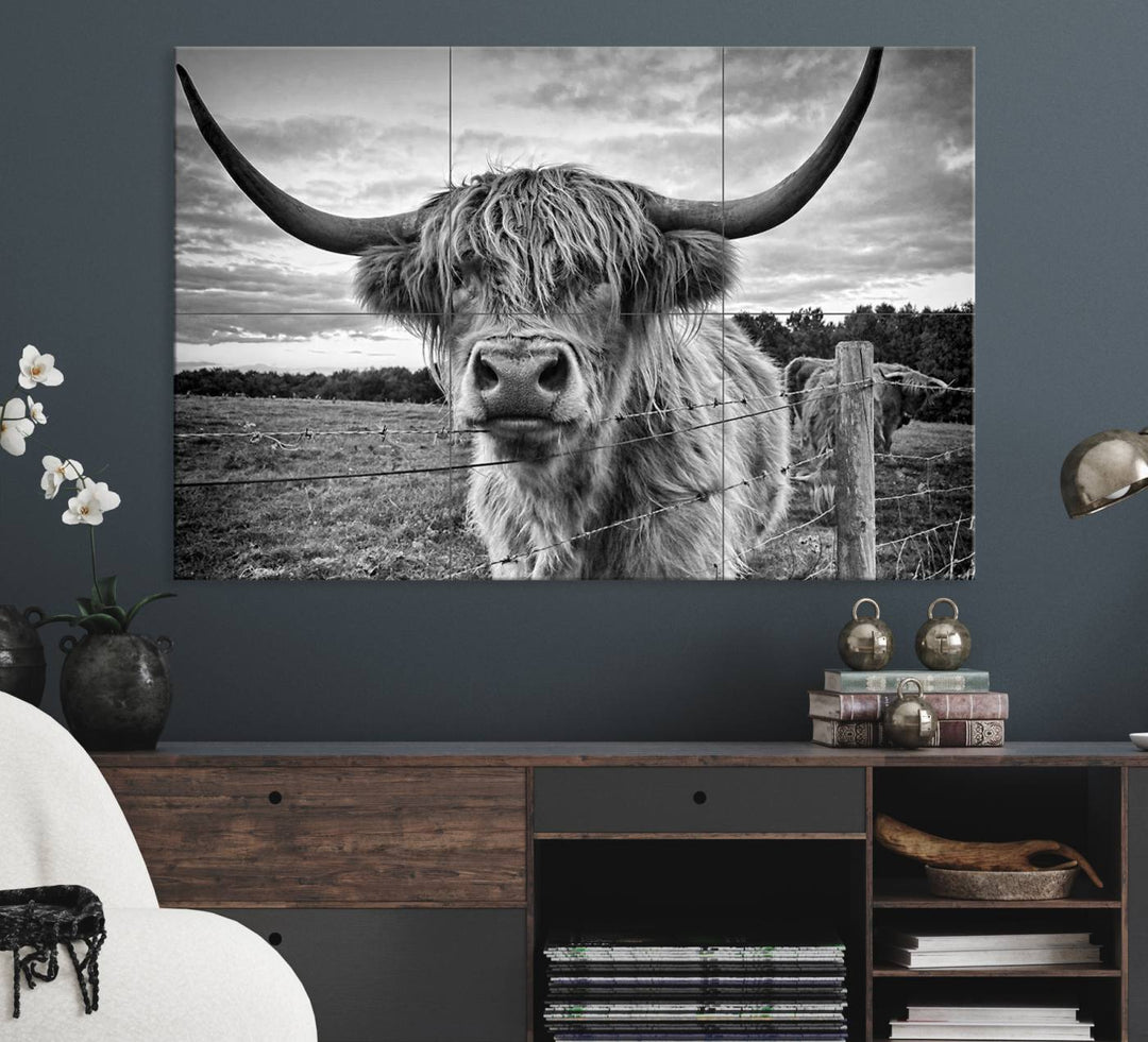 The Scottish Highland Cow Wall Art Canvas Print is ready to hang and framed, adding rustic farmhouse decor to your wall.