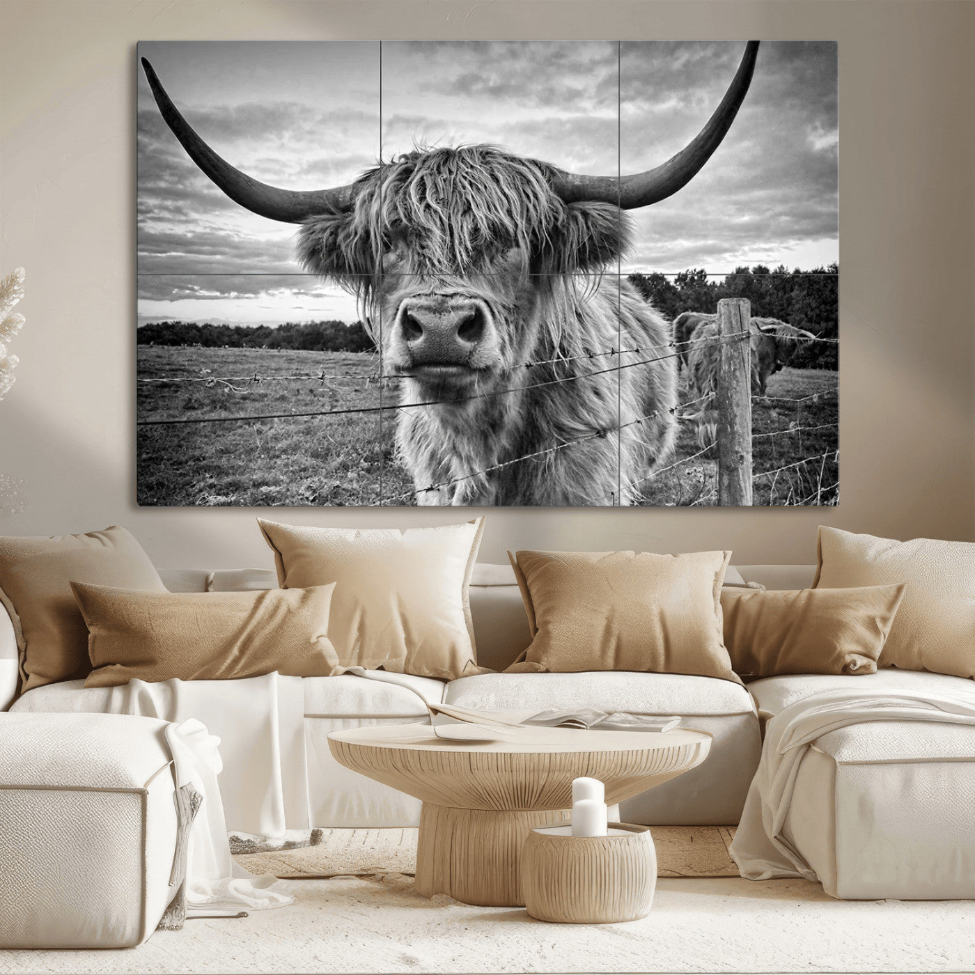 MGV-CV-36X24 - Scottish Highland Cow Wall Art Canvas Print | Ready to Hang and Framed | Rustic Farmhouse Decor