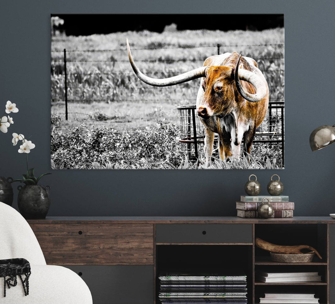 Majestic Texas Longhorn Cow Wall Art features a ready-to-hang canvas print that complements rustic farmhouse décor.