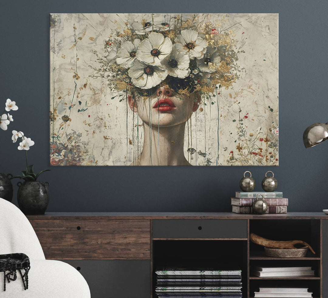 An abstract floral painting on canvas, adorned with vibrant splatters and blooming flowers.