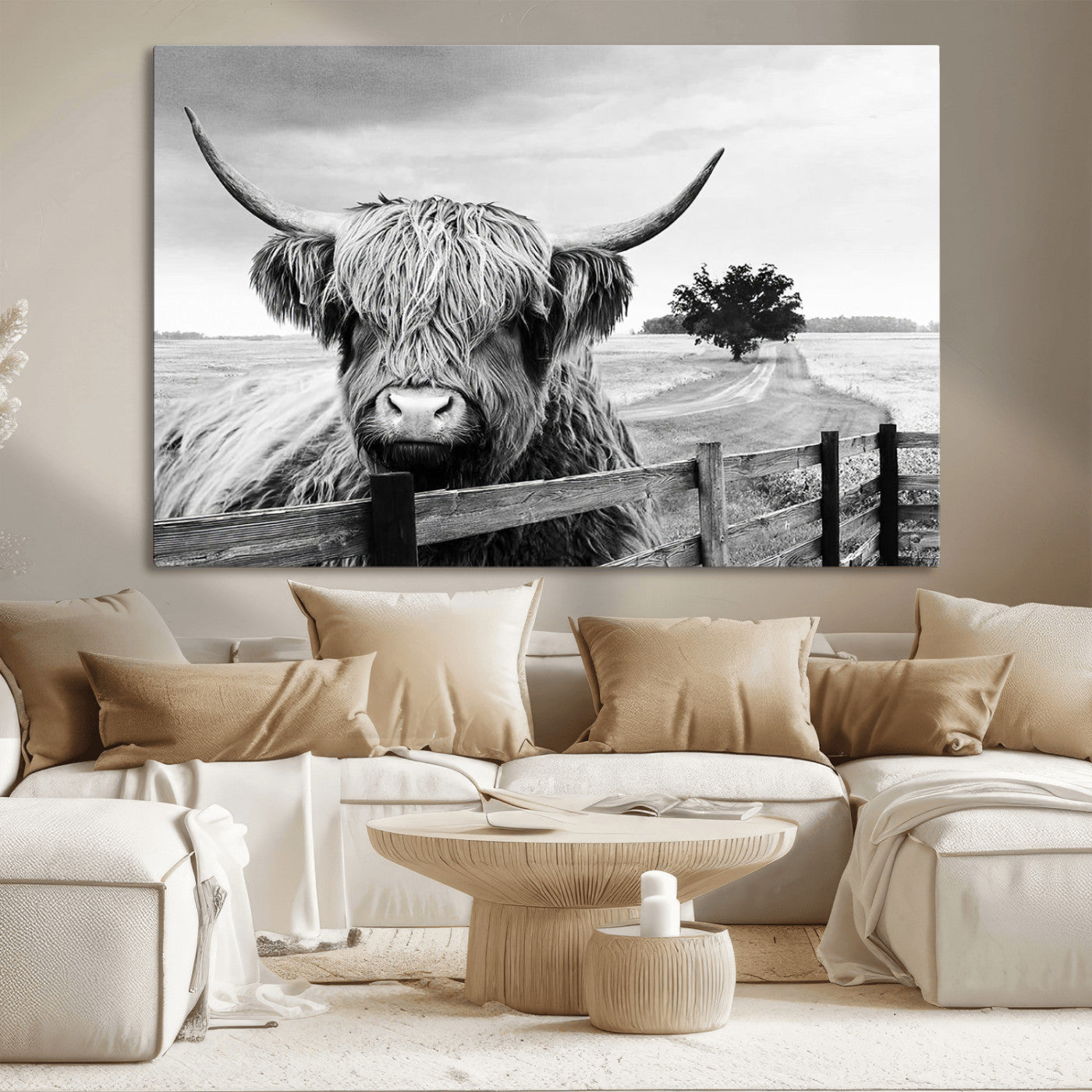 MGV-CV-36X24 - Scottish Highland Cow Wall Art | Rustic Farmhouse Décor | Black and White Ready to Hang Canvas Print