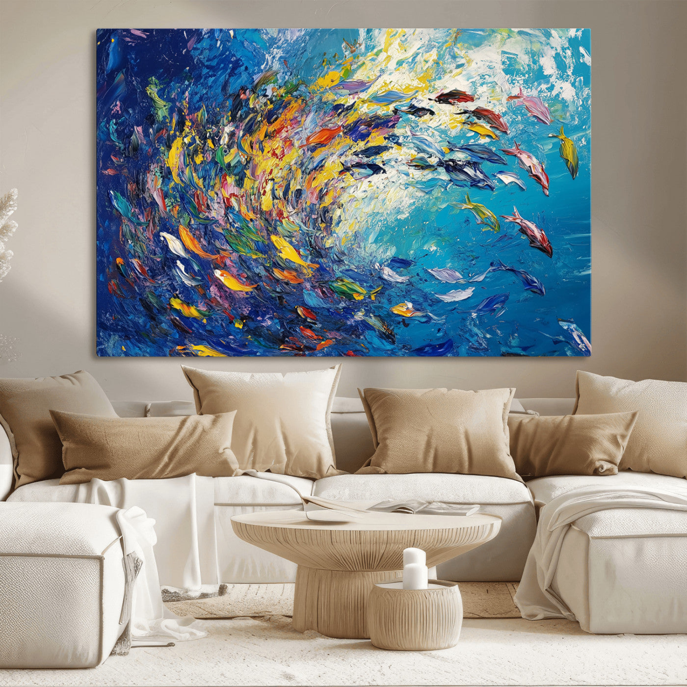 MGV-CV-36X24 - Colorful Swirling Fish School Wall Art Canvas Print | Oceanic Abstract Painting | Ready to Hang |