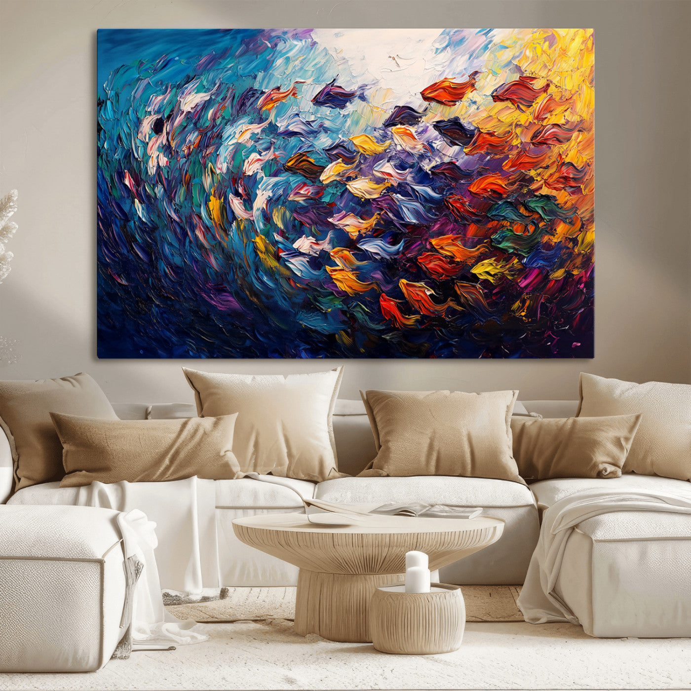 MGV-CV-36X24 - Vibrant Abstract Fish Swarm Art – Colorful Fish Inspired 3-Piece Canvas Wall Art for Living Room or