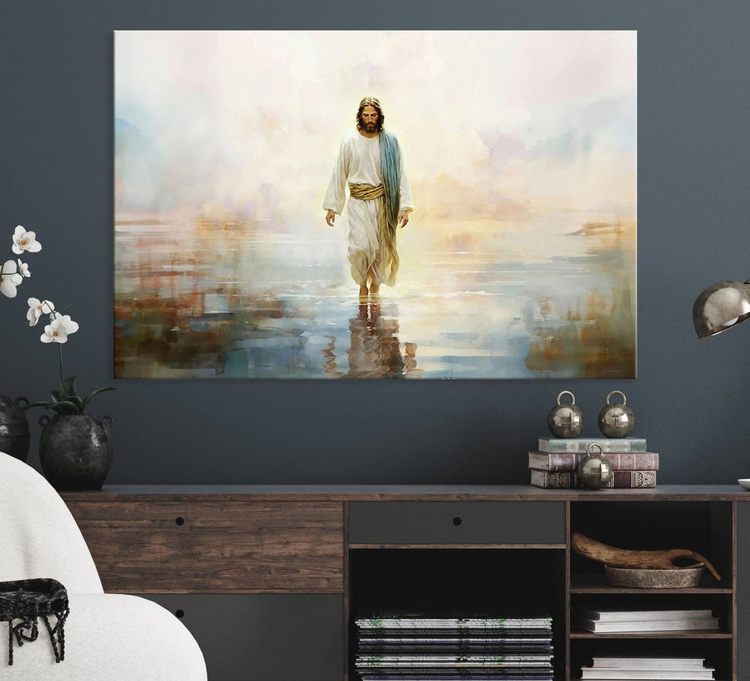 The 3-panel Framed Jesus Walking on Water Wall Art showcases a serene religious scene.