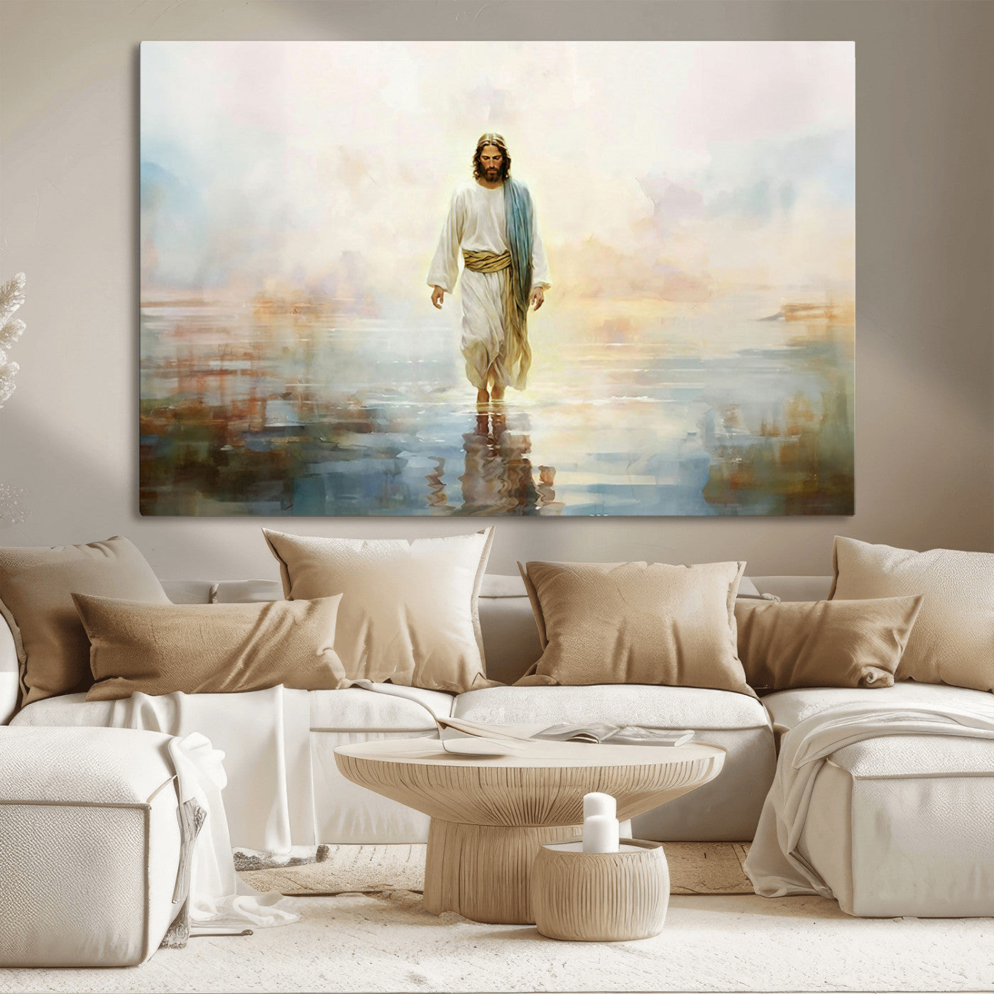 MGV-CV-36X24 - Framed Jesus Walking on Water Wall Art - 3-Panel Christian Canvas Prints, Religious Artwork for