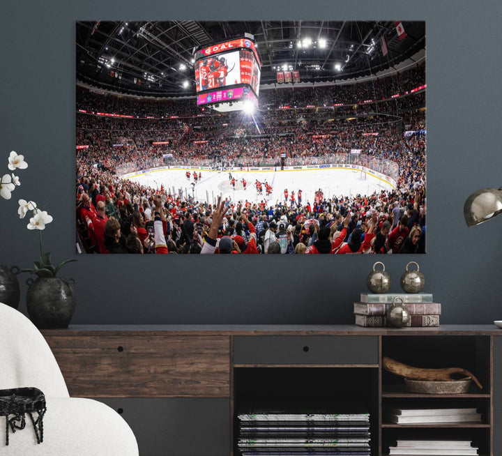 The wall art, a high-quality basketball arena canvas, evokes the excitement of fans cheering at the Amerant Bank Arena.