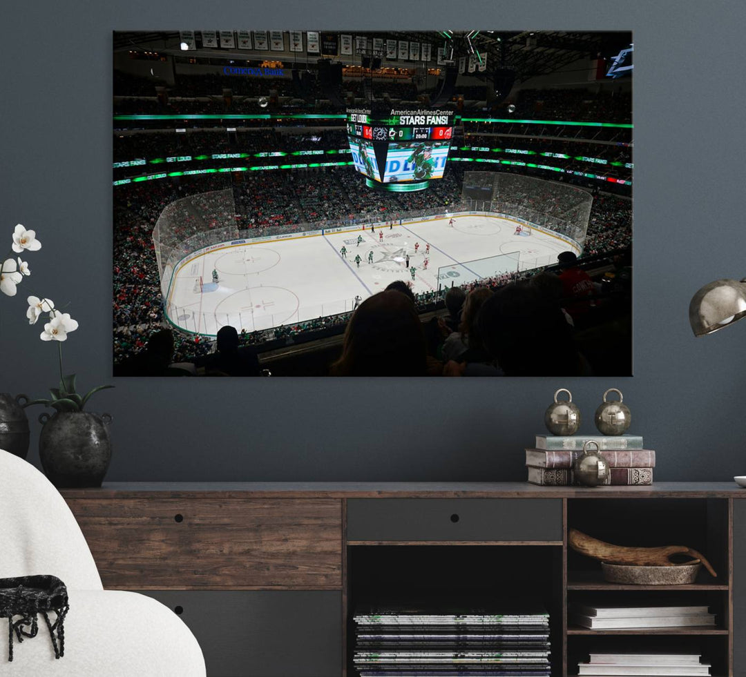 The Dallas Stars Wall Art Canvas Print is as clear as the scoreboard stats at a hockey game in a large arena with bright lights.