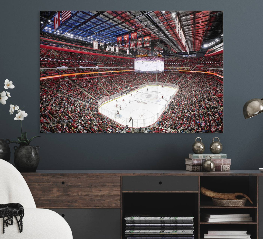 A Barton Malow canvas depicting Little Caesars Arena from above is beautifully printed in high resolution for your wall.