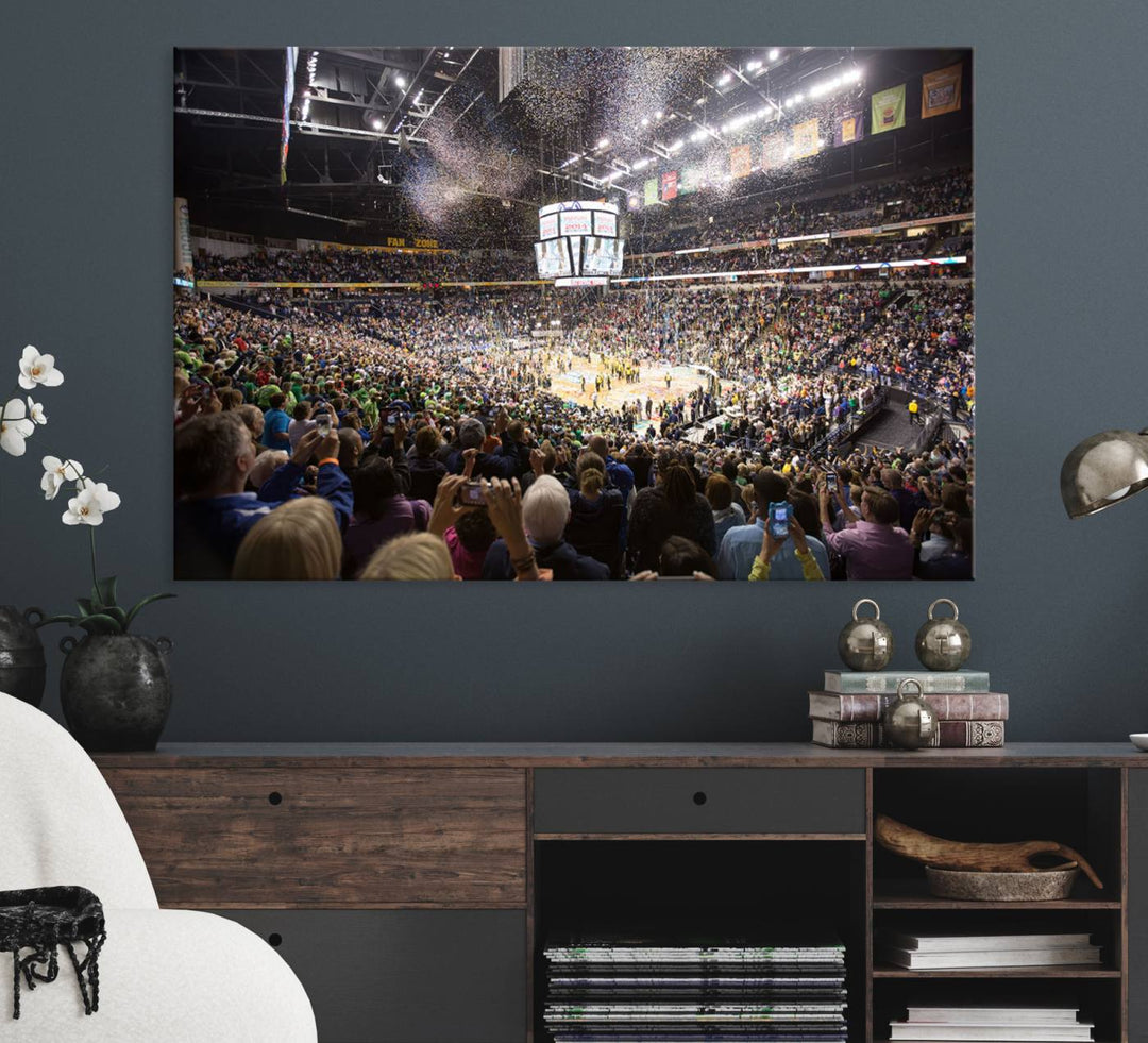 Our ready-to-hang canvas print captures the vibrant scene of the Bridgestone Arena illuminated with fans and confetti.