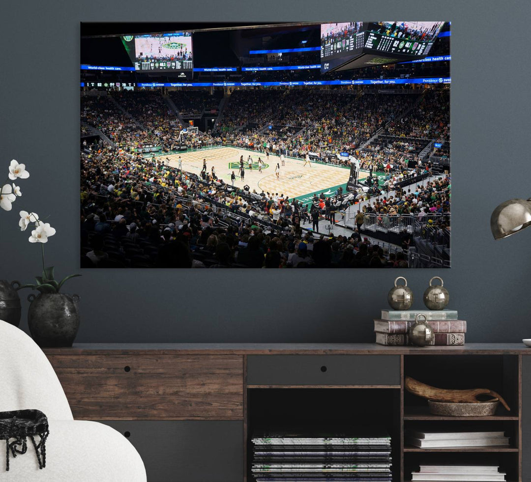 The Canvas Print of Climate Pledge Arena featuring the Seattle Kraken enhances a living room wall.