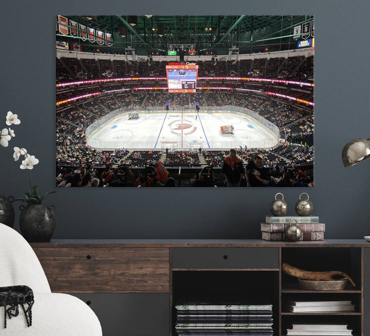 The wall art of the Honda Center California Anaheim Ducks Ice Hockey Stadium features a depiction of the rink and scoreboard from the perspective of the upper deck.