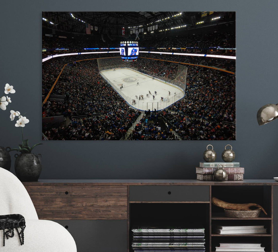 The wall art captures the essence of a Buffalo Sabres game on ice at KeyBank Center, making it deserving of a premium canvas print.