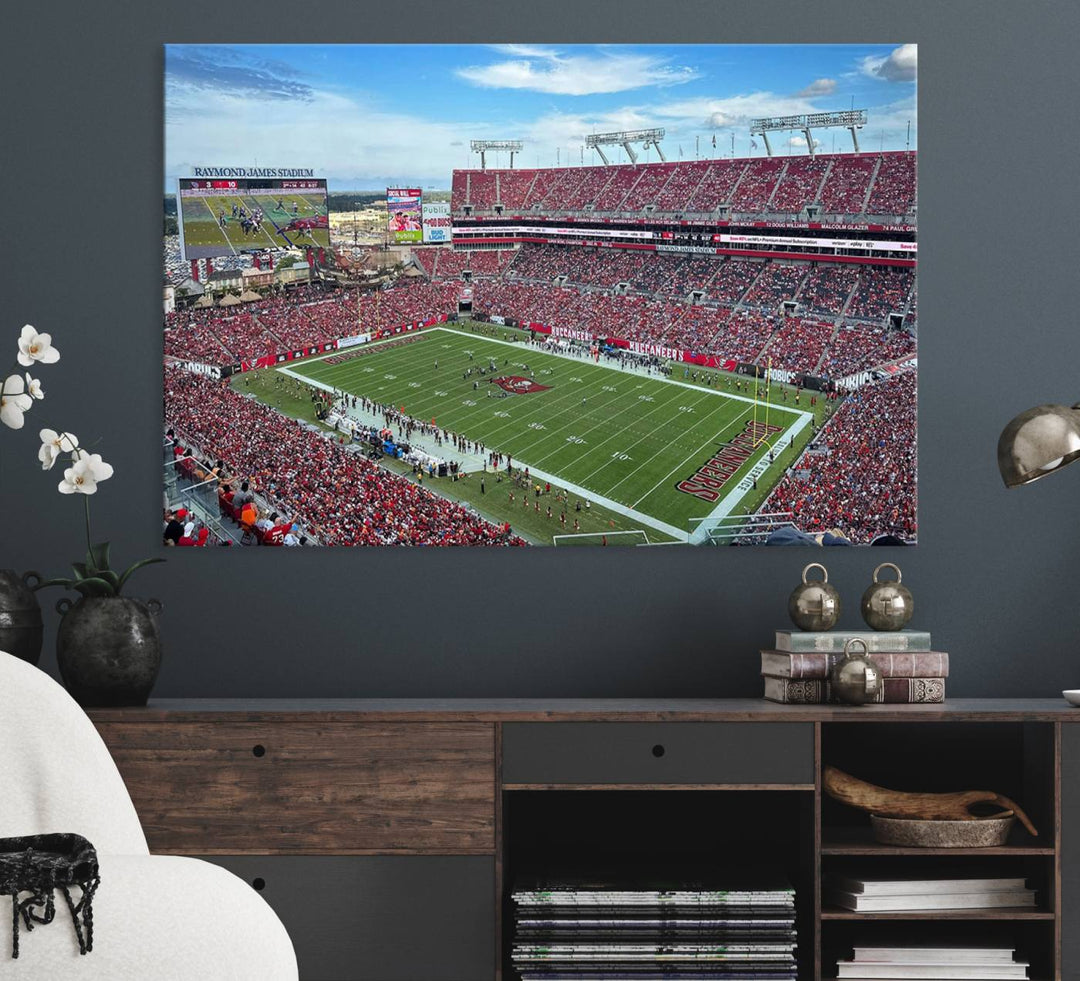 The Florida Tampa Raymond James Stadium Wall Art Canvas Print is featured above the cabinet.