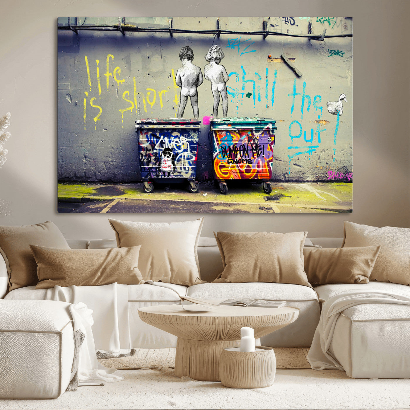 MGV-CV-36X24 - Banksy Life is Short Wall Art - Iconic Graffiti Art on Framed Ready-to-Hang Canvas - Street Art