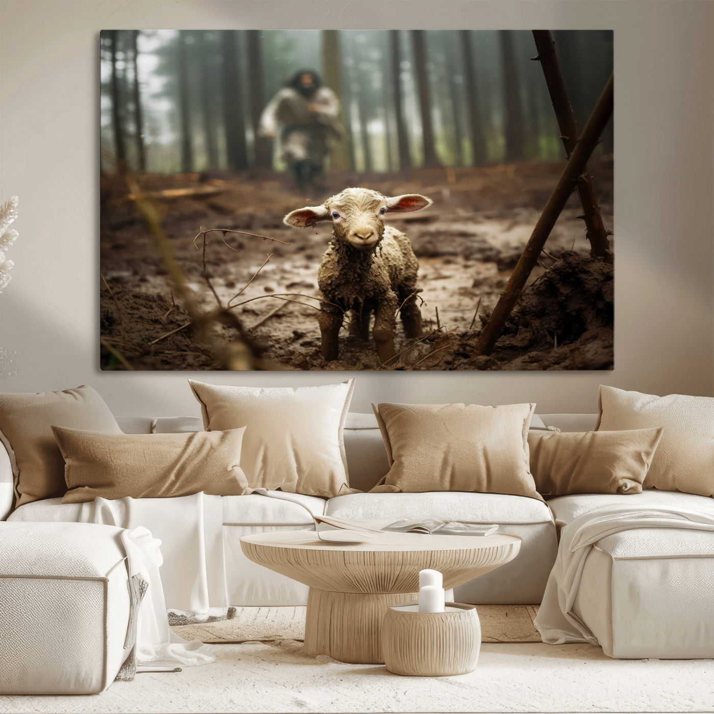 MGV-CV-36X24 - Jesus Running After a Lost Lamb Canvas Wall Art Print